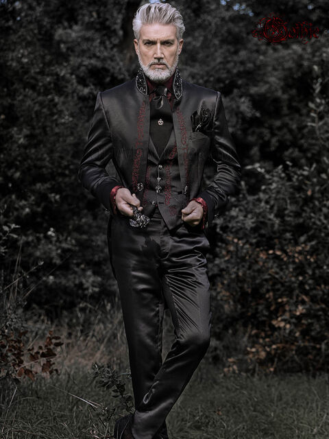 Frak abito sposo raso luxury nero ricamo rosso