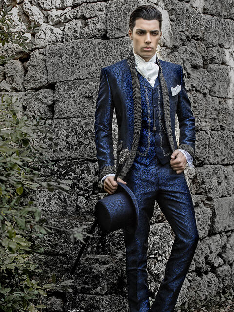 Abito uomo collo coreano damascato blu con strass cristallo fumè