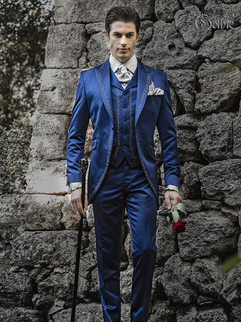 Vestito da sposo luxury in raso blu elettrico con ricamo