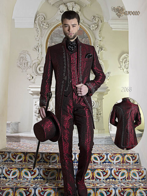 Abito sposo principesco damascato rosso con ricamo argento