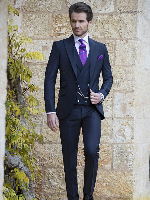 Abito da sposo blu moda uomo, in misto lana mohair