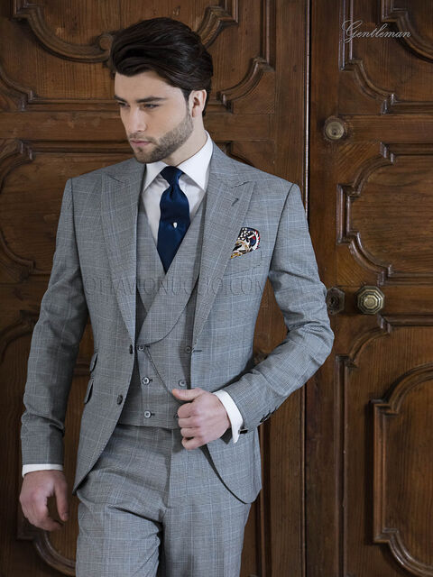 Abito da cerimonia uomo in principe di galles grigio check celeste