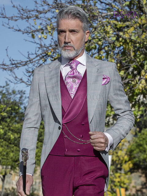 Abito uomo principe di galles da sposo, pantalone e gilet fucsia