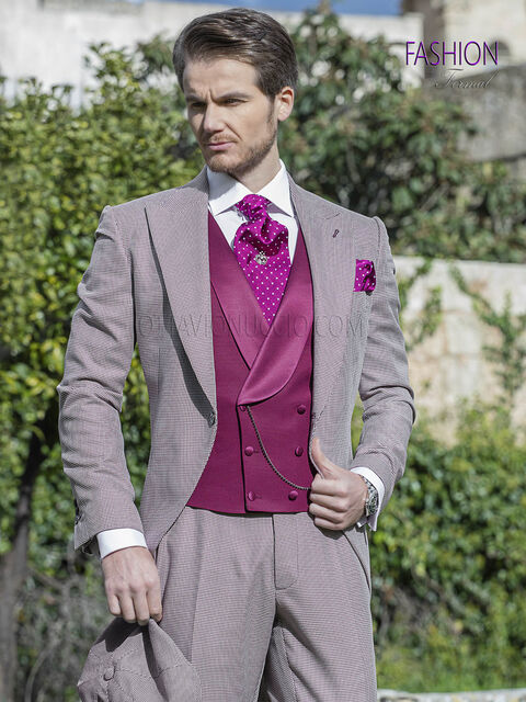 Vestito uomo sposo fashion in pied de poul con gilet fucsia