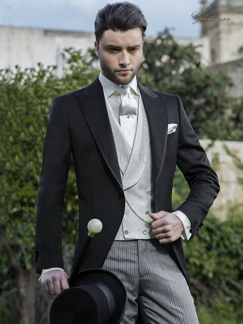 Abito da sposo tight classico nero con gilet damascato panna