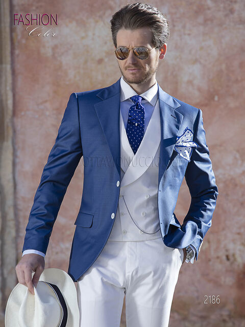 Abito sposo uomo, giacca blu con pantalone e gilet bianco