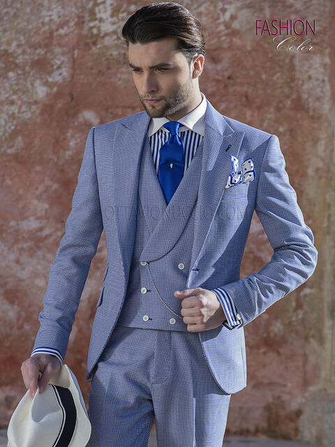 Abito da sposo moda fashion blu chiaro in tessuto pied de poule