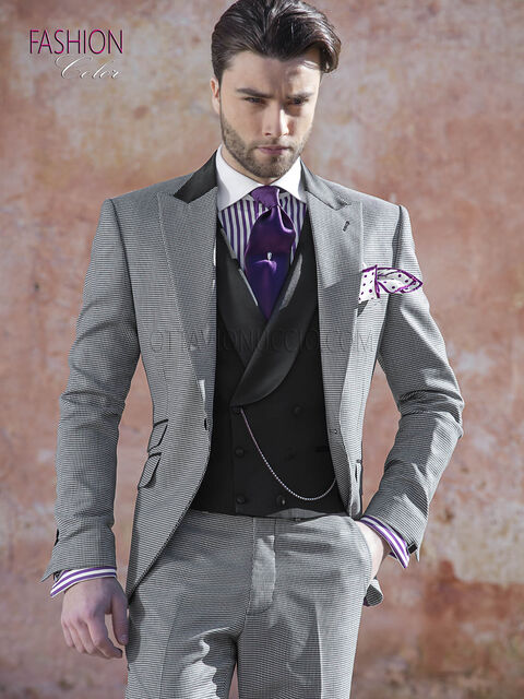 Abito fashion moda sposo grigio nero, tessuto pied de poule