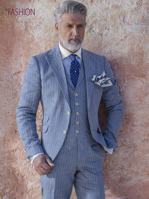 Abito uomo moda fashion, riga diplomatica gessata in lino celeste