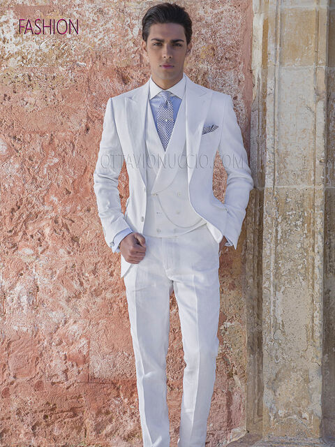 Abito da sposo fashion lino bianco per cerimonie estive