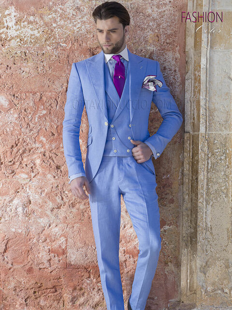 Abito da cerimonia uomo fashion in puro lino celeste