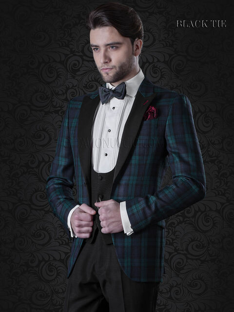 Giacca smoking uomo in tartan blu verde per eventi di gala