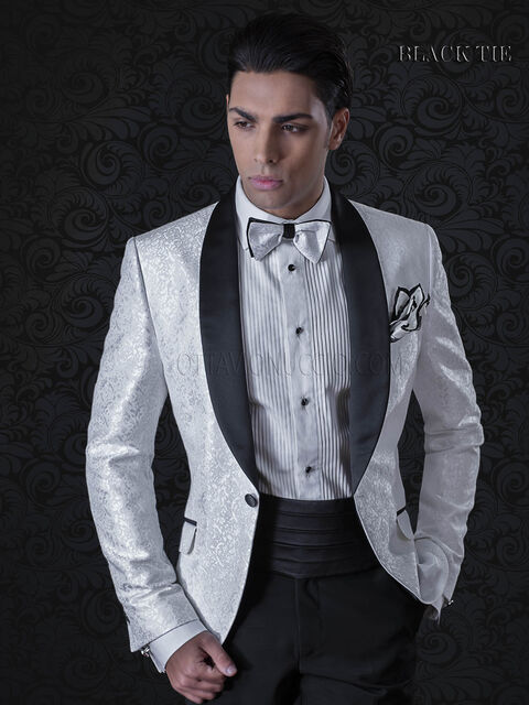 Smoking uomo damascato bianco, pantalone nero