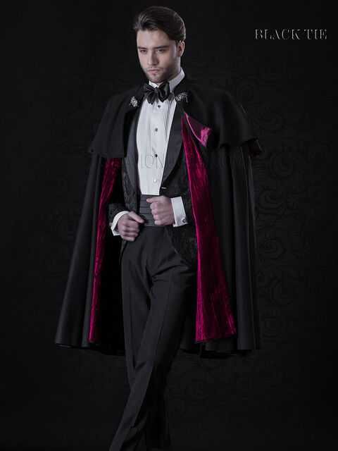 Smoking damascato nero, collo sciallato moda da sposo