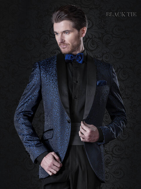 Giacca smoking damascato blu e pantalone nero