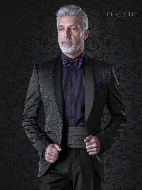 Giacca smoking uomo damascato nero e pantalone nero