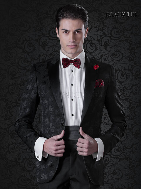 Giacca smoking sposo damascato in lana seta nero