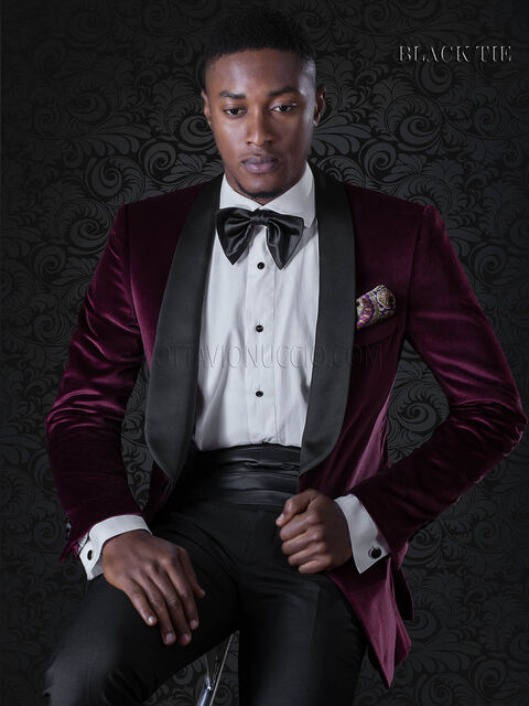 Giacca smoking uomo in velluto bordeaux, pantalone nero