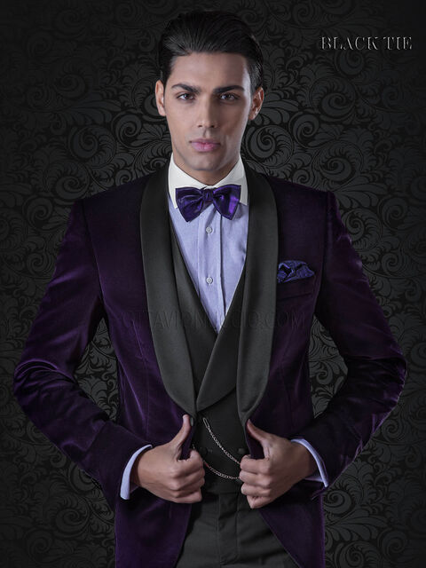 Giacca smoking uomo in velluto viola con pantalone nero