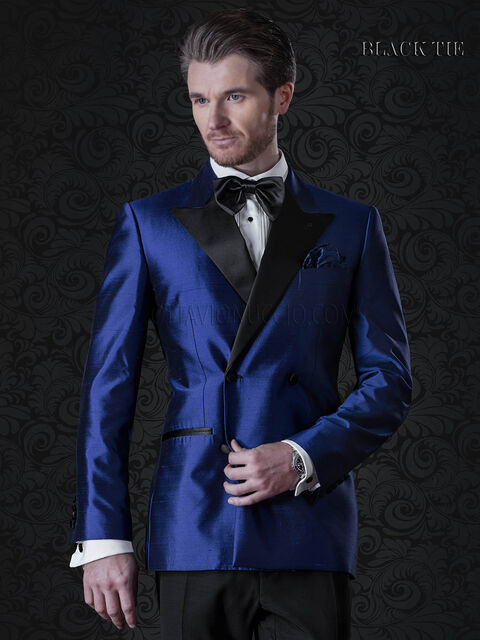 Giacca smoking doppiopetto uomo blue elettrico in shantung