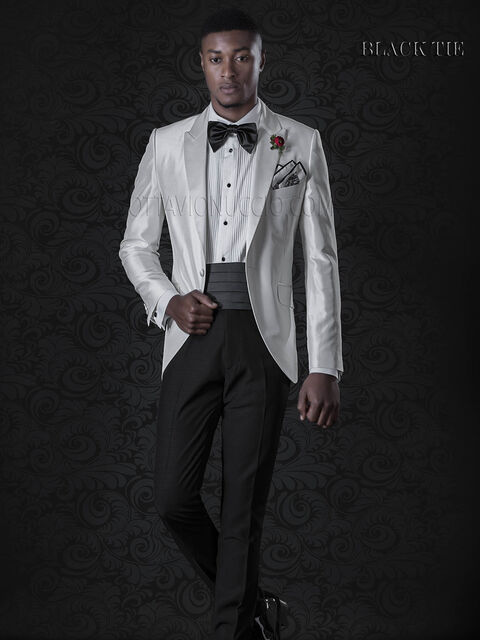 Smoking giacca in shantung bianco e pantalone nero