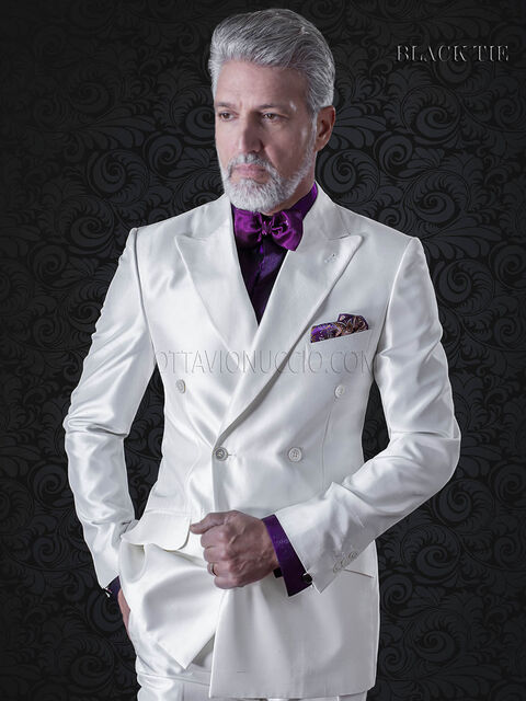 Smoking uomo bianco da matrimonio, doppiopetto in shantung