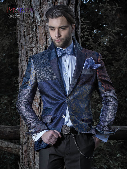 Giacca uomo patchwork seta blu | Giacca prodotta su misura