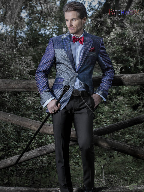 Giacca patchwork seta blu da cerimonia uomo