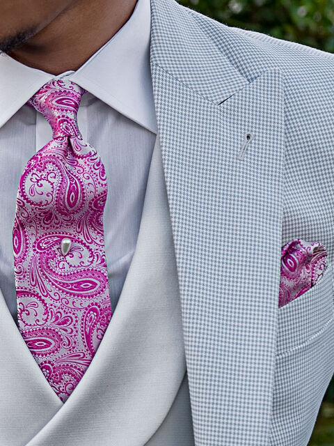 Cravatta e Fazzoletto in seta cachemire grigio perla con rosa