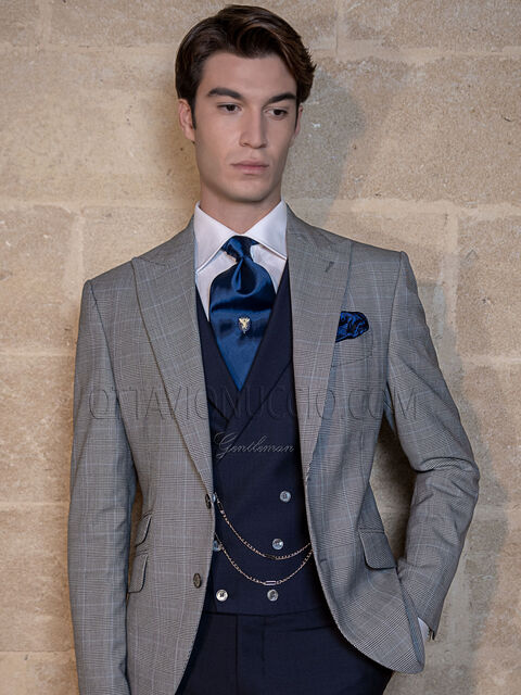 Abito uomo Principe di Galles con gilet e pantalone blu