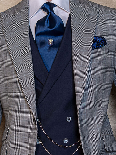 Gilet doppiopetto con rever in misto lana blu