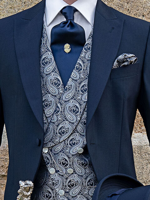 Gilet doppiopetto sciallato seta disegno cashmire blu argento