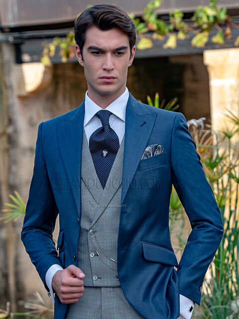Vestito sposo uomo blu, gilet e pantalone principe di galles