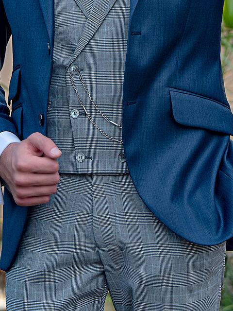Pantalone Principe di Galles grigio check celeste