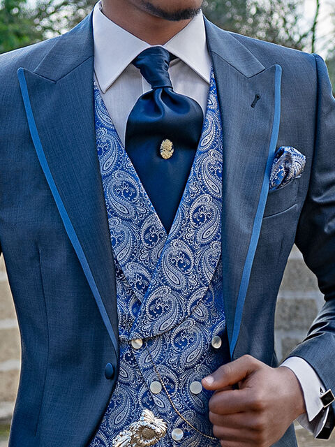 Gilet doppiopetto sciallato seta disegno cashmire bluette argento