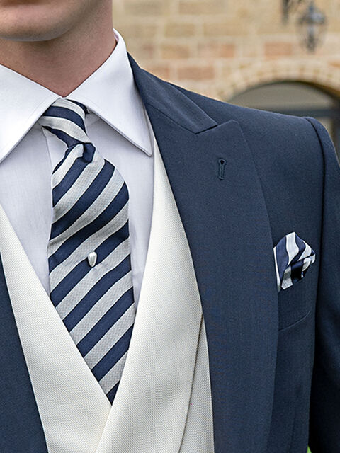 Cravatta e Fazzoletto in seta con righe blu e grigio