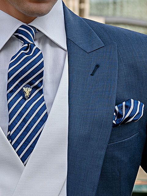 Cravatta e Fazzoletto in seta con righe blu royal e grigio