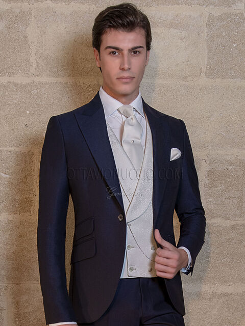 Vestito blu da cerimonia uomo con gilet damascato grigio perla