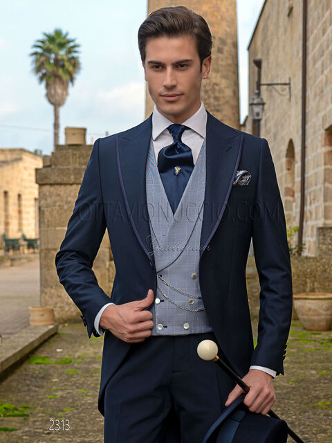 Tight sposo blu, gilet doppiopetto principe di galles seta