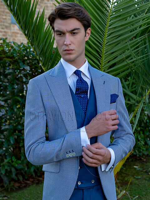 Giacca fashion uomo pied poul blu royal con gilet e pantaloni blu
