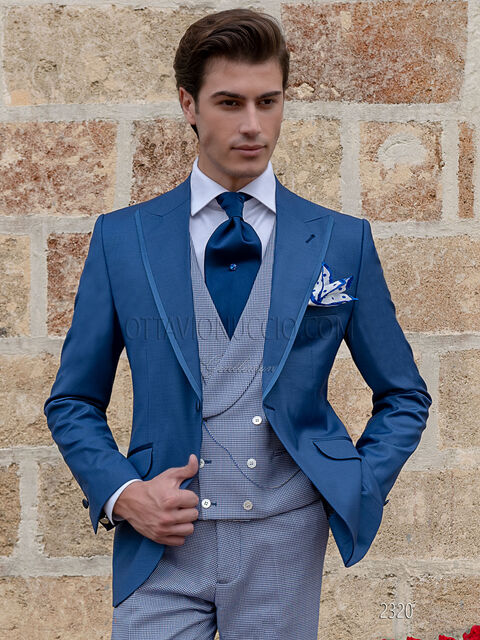 Abito sposo uomo giacca blu royal, gilet e pantalone pied poul