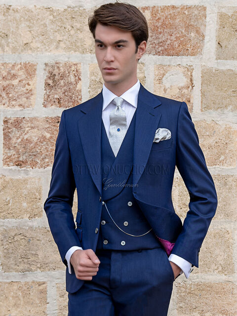 Vestito moda cerimonia uomo blu gilet doppiopetto