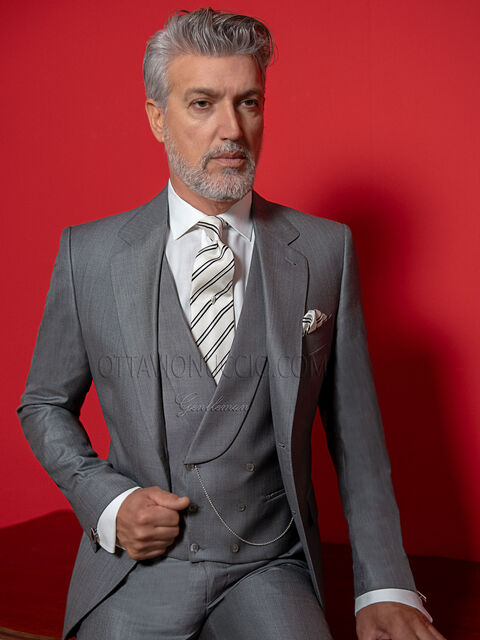 Vestito uomo in lana-seta grigio con gilet doppiopetto