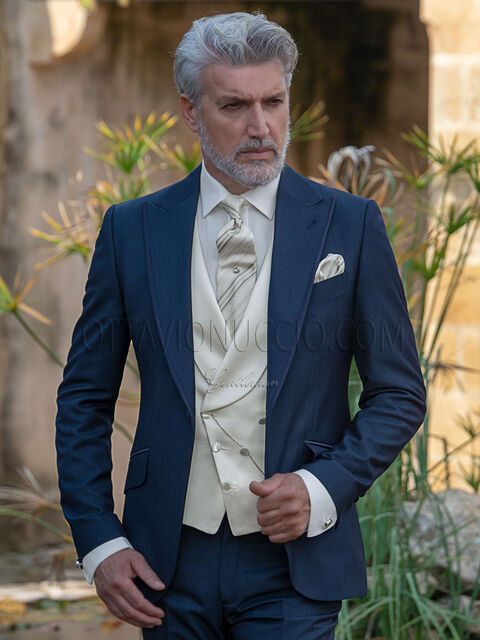 Abito moda sposo fashion blu con gilet avorio
