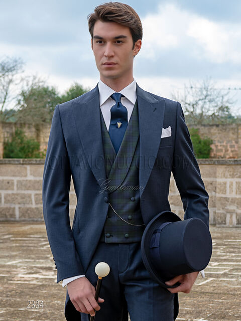 Abito Tight da sposo blu in pura lana, gilet tartan seta doppiopetto