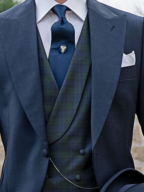 Gilet doppiopetto sciallato pura seta in tartan blu verde
