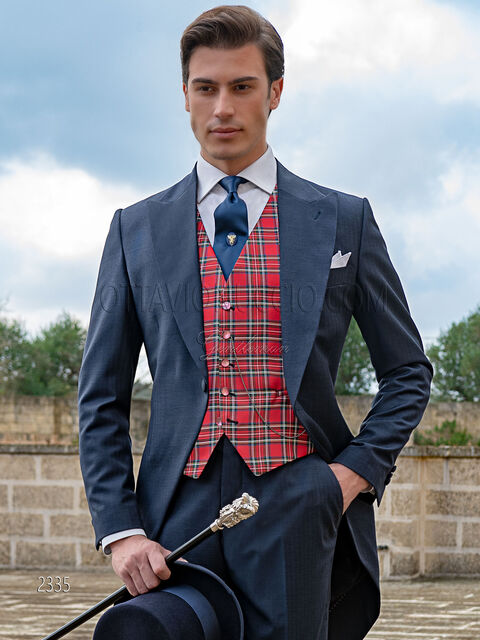 Tight abito uomo blu pura lana, gilet tartan rosso seta