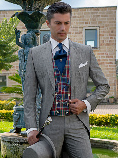 Tight grigio da matrimonio stile inglese, gilet tartan seta
