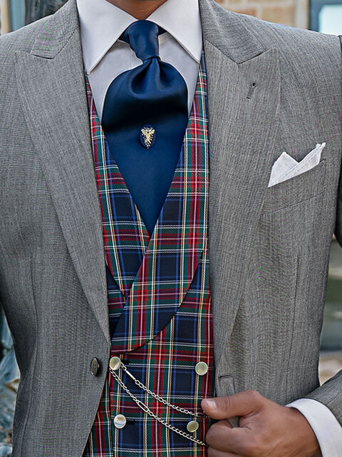 Gilet doppiopetto sciallato pura seta in tartan blu