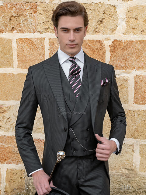 Abito Tight moderno nero gessato, gilet doppiopetto